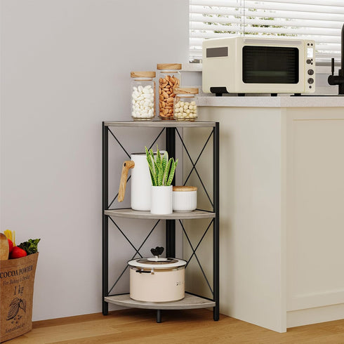 Snughome 3-Tier Corner Shelf for Desktop, Grey Freestanding Corner Storage Organizer with Metal Frame Display Rack