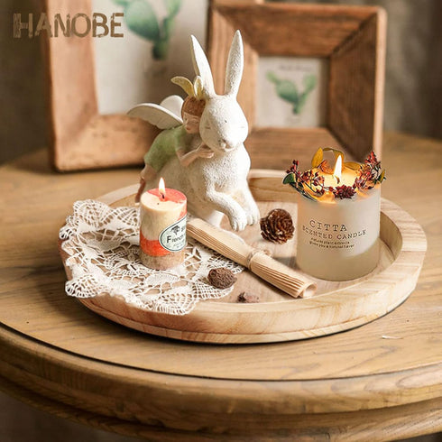 Hanobe Round Wood Decorative Tray, Unfinished Wooden Trays for Kitchen Countertop Crafts and Home Decor