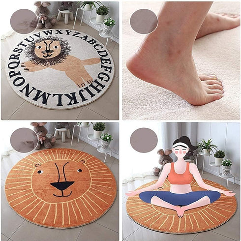 Poowe Decor,47.2" Orange Lion Round Kids Playroom Rug Alphabet Rug-Kids Play Mat Non-Slip Baby Crawling Mat Circle Area