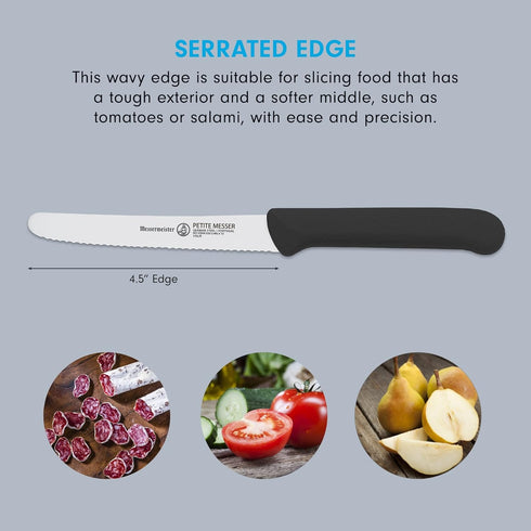 Messermeister 4.5” Serrated Tomato Knife with Matching Sheath, Black, German Steel Alloy, Rust Resistant