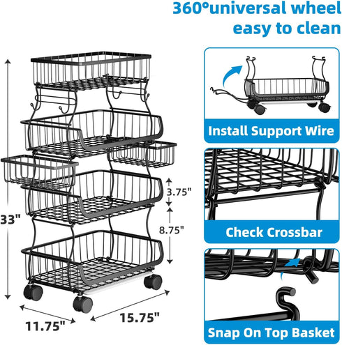 Simple Trending 4 Tier Rolling Cart, Stackable Kitchen Storage Metal Wire Basket Stand with Wheels and 2 Hanging Baskets