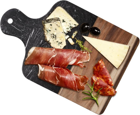 Coloch Black Marble and Acacia Wood Cutting Board, Decorative Chopping Board with Handle for Cheese, Steak, Fruit