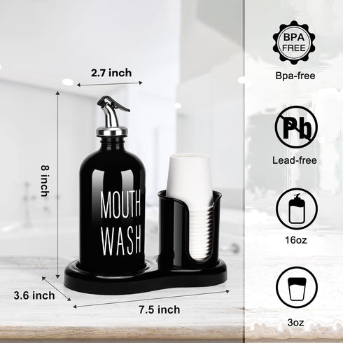 Set Bathroom,16 OZ 14 Glass Mouthwash Dispenser with Cup Holder,BYAWAY Mouthwash for Refillable Mouthwash Bottle