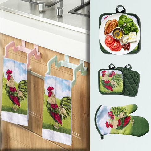 Lobyn Value Packs: 5-Piece Country Kitchen Towel Set - Proud Rooster & Red Barn Motif, 2 Dish Towels, Oven Mitt &