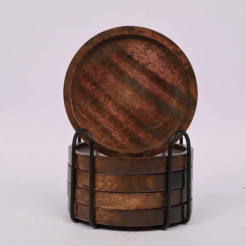 Mango Wood Coasters Set of 5 with Iron Holder Stand, Protects Countertops from Water Marks