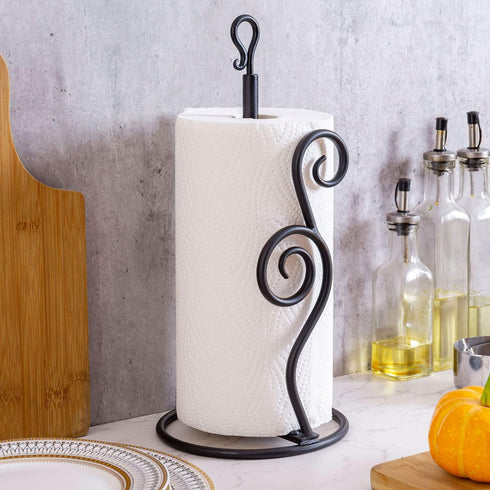 MyGift Rustic Burnt Solid Wood and Industrial Matte Black Metal Dining Combination Caddy with Paper Towel Roll