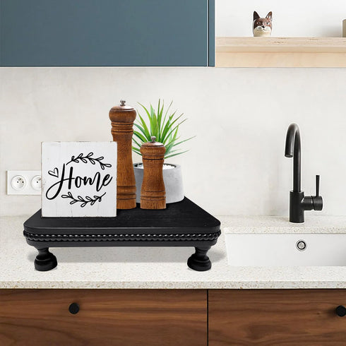 dwellington 12" Countertop Farmhouse Display Wood Riser, Decorative Black Beaded Pedestal Stand, Square Tiered Tray