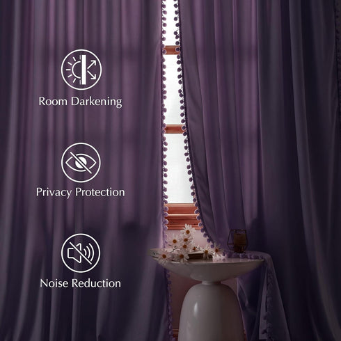 84 Inch (2 NICETOWN Lilac Purple Pom Pom Velvet Curtains Length for Nursery & Kids Room - Room Darkening Drapes Thermal