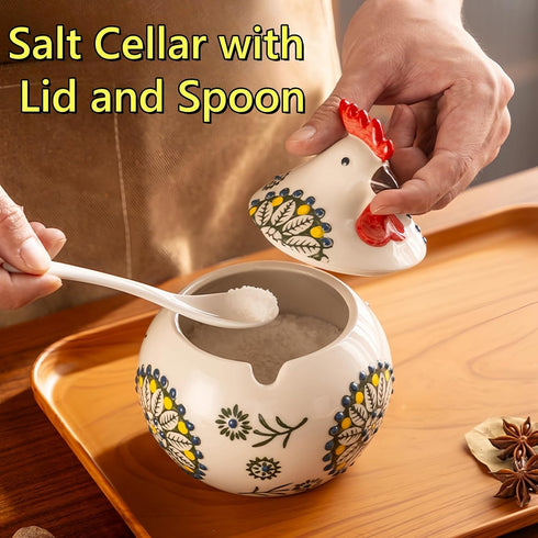 Frezonika 13 OZ Counter, Countertop Ceramic Salt Cellar with Lid and Spoon, Large Chicken Salt Jar, Salt Holder