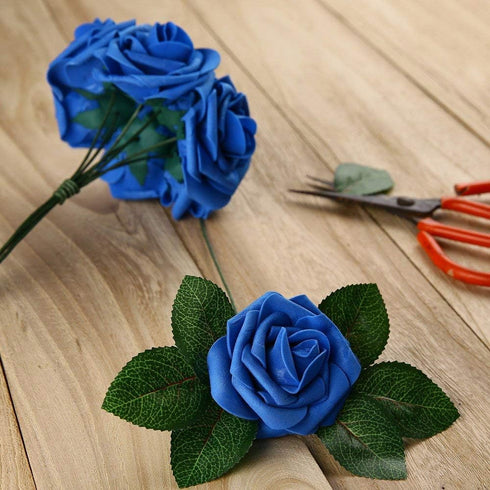 Artificial Flowers 25pcs Royal Blue Foam Fake Roses with Stems for DIY Wedding Bouquets
