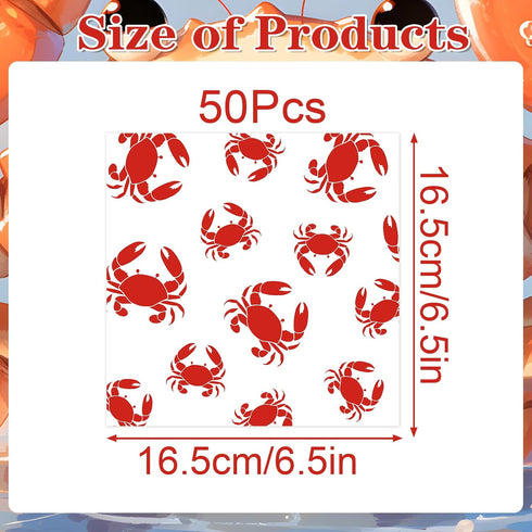 50 Summer 6.5 6.5 Inches Crab Boil Party Supplies - Pcs Crab Theme Seafood Boil Napkins Disposable, Red Crabs Party
