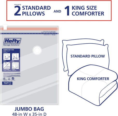 Hefty Shrink-Pak Vacuum Storage Bags, Space Saver for Under Bed, Clothing and Comforter Storage, 3 Jumbo Bags