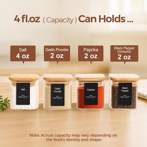 4 oz 6Pack, Set, ComSaf Spice Jars with Labels Small Spice Containers Starter Glass Seasoning Jars with Lids, Square