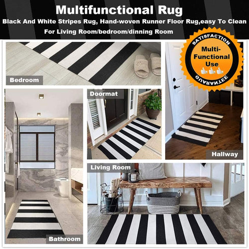 Black and White Striped Rug, 23.6 x 51.2 Inches Handmade Woven Indoor/Outdoor Doormat for Kitchen and Living Room