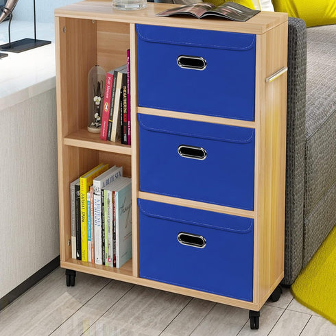 Linen Fabric Foldable Storage Cube Bin Organizer, 3Pcs Dark Blue Baskets with Lid, Leather Handles, Removable Divider