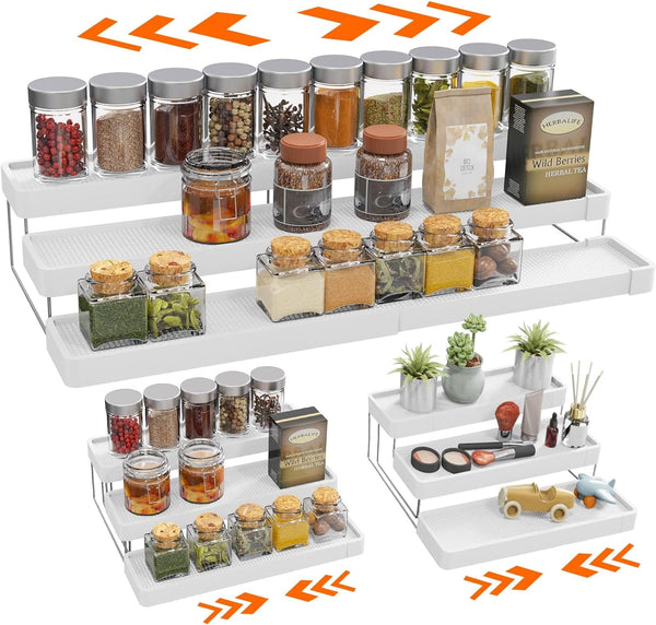 Expandable Spice Rack Organizer - 3 Tier Adjustable Cabinet Spice Organizer for Easy Visibility, White