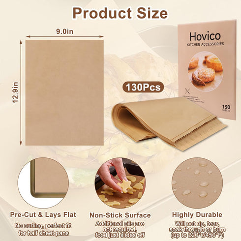 130PCS Parchment Paper Baking Sheets, 13 x 9 In, Precut Non-Stick Parchment Sheets for Baking, Grilling, Air Fryer, Steaming, and More (Unbleached) - Perfect for BBQ, Picnic, Festival, Bread by Hovico