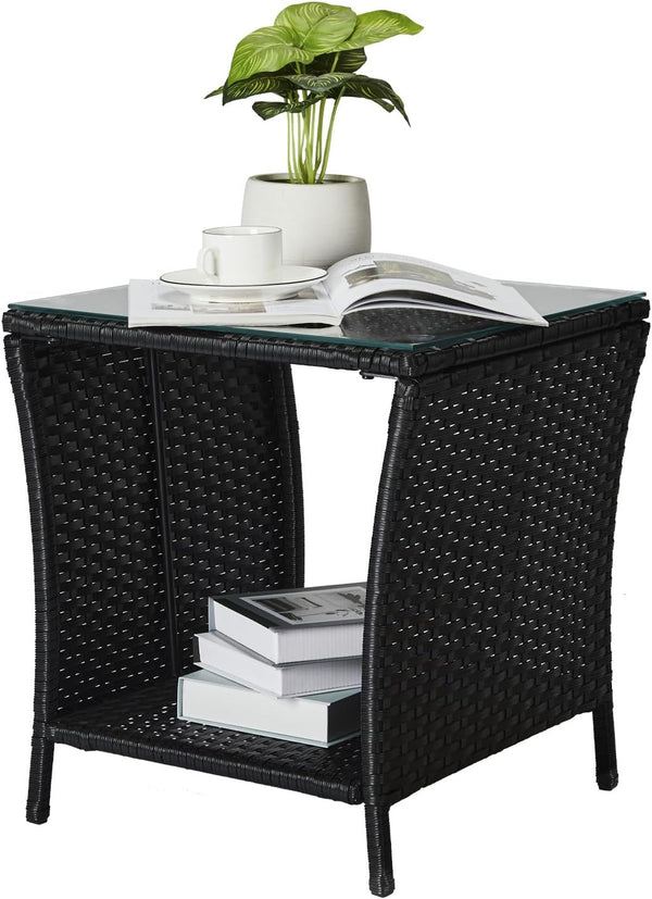Bonnlo Outdoor Coffee Table, Small Garden Side Table with Glass Top and Shelf