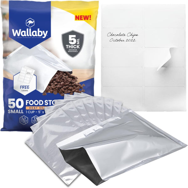 50x Wallaby 1-Cup Mylar Bag Bundle, 5 Mil Mylar Bags + 50 Labels, Heat Sealable, Food Safe Storage Solutions