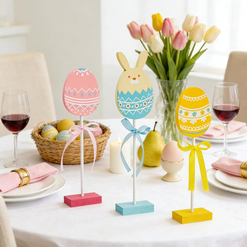 Songjum 3Pcs Easter Egg Bunny Wooden Table Signs Colorful Rabbit Shape Tabletop Centerpieces Tiered Tray Decor Easter