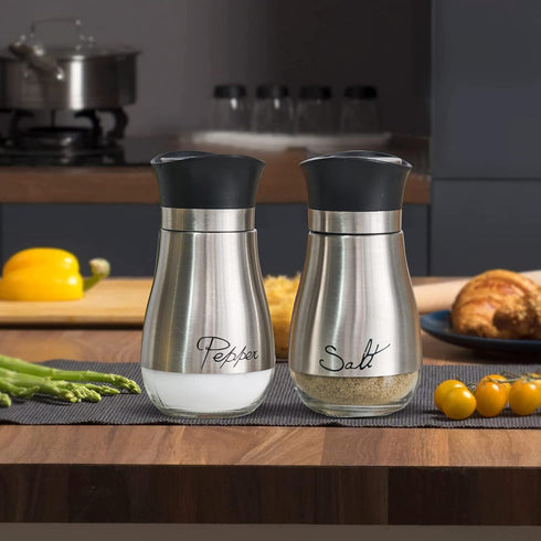 Lonffery Salt and Pepper Shakers Set, Stainless Steel and Glass Bottle, Kitchen Decor, Set of 2