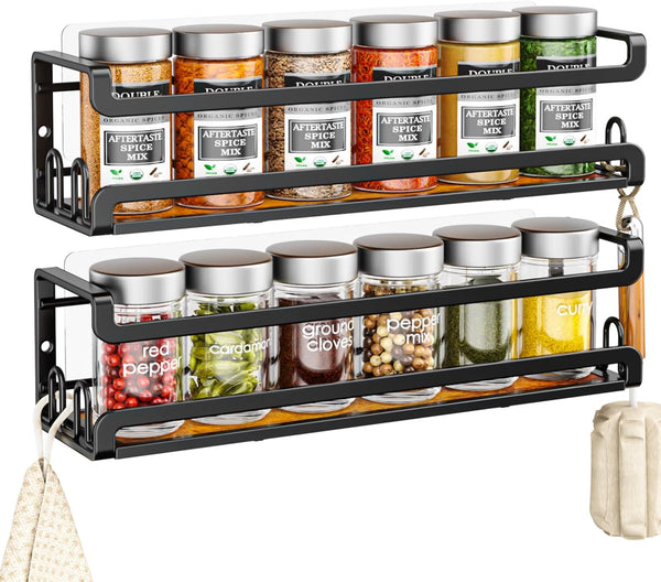 Doakhirmit Wall Mounted Spice Rack with 16 Hooks, Rustic Wood Spice Organizer Shelf