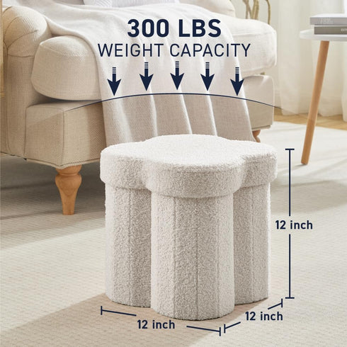 12" Inch Ornavo Home White Boucle Storage Ottoman Cube Flower-Shaped Footstool with Hidden Storage, Faux Teddy Fur Foot