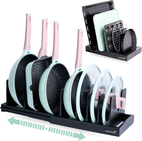 Bamboo Expandable Pots and Pans Organizer under Cabinet, Adjustable Pot Lids Holder Rack for Kitchen Storage