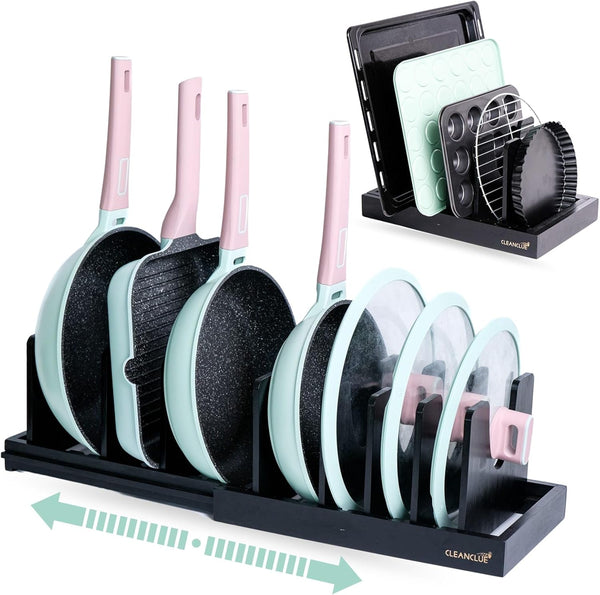 Bamboo Expandable Pots and Pans Organizer under Cabinet, Adjustable Pot Lids Holder Rack for Kitchen Storage