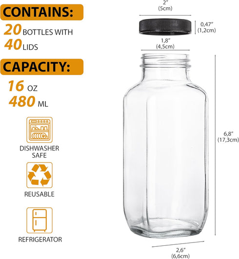 umud 16 Oz Set 20 (20) Juice Bottles with Lids, - of - Clear Glass Jars with Caps - Reusable Empty Drink Containers