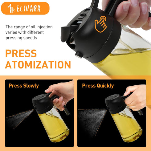 ELIVARA 2-in-1 16oz 470mL Nozzle, Oil Sprayer and Dispenser, / Glass Olive Oil Bottle for Cooking, Grilling, and Salad