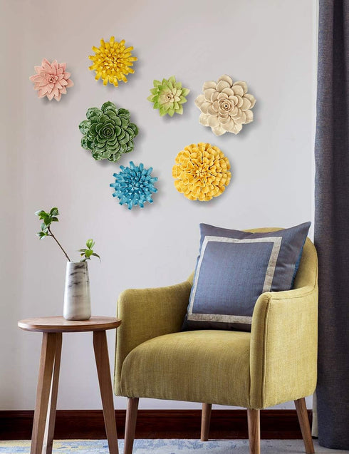 SEINHIJO Ceramic Flower Wall Decor - 3D Wall Art Sculpture, Modern Arts Gifts, Yellow 5.1 inch