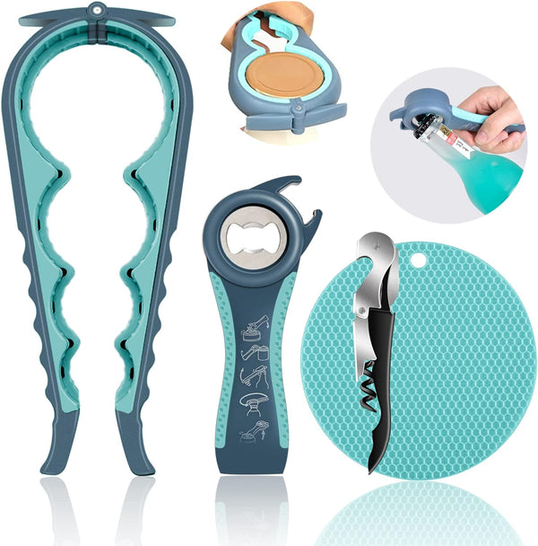 Jar Opener for Weak Hands, 5 in 1 Multi Function Lid Opener for Arthritic Hands, Blue