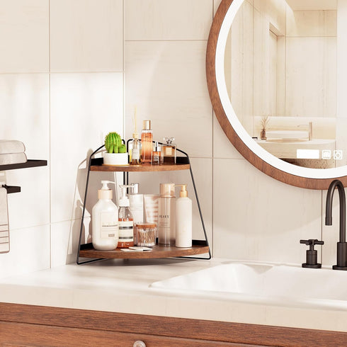 Puricon Corner Bathroom Counter Organizer, 2 Tier Corner Countertop Organizer Vanity Shelf, Wood Bathroom Organizers and Storage for Skincare -Brown by Puricon