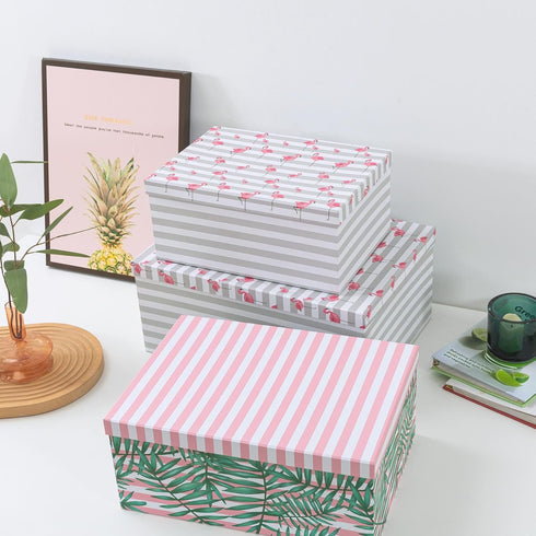 SLPR Decorative Cardboard Storage Boxes with Lids - Set of 3: Pink Flamingo Paperboard Nesting Gift Boxes, Palm Leaves