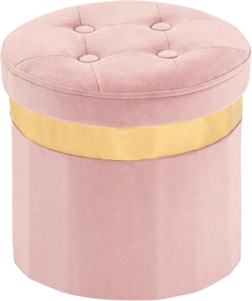 xuperbonus Small Ottoman with Storage,Folding Round Ottoman with Gold Trim,Velvet Storage Stool,Foot