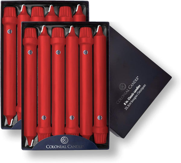 Colonial Candle Unscented Taper Candle, Classic Collection, Red, 8 In, Pack of 12 - Up to 6 Hours Burn