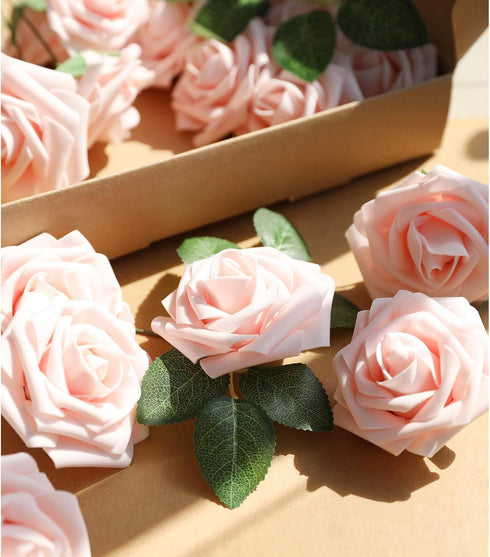 AmyHomie 25pcs Blush Pink Artificial Roses with Stem for DIY Wedding Bouquets, Centerpieces, Party Decorations