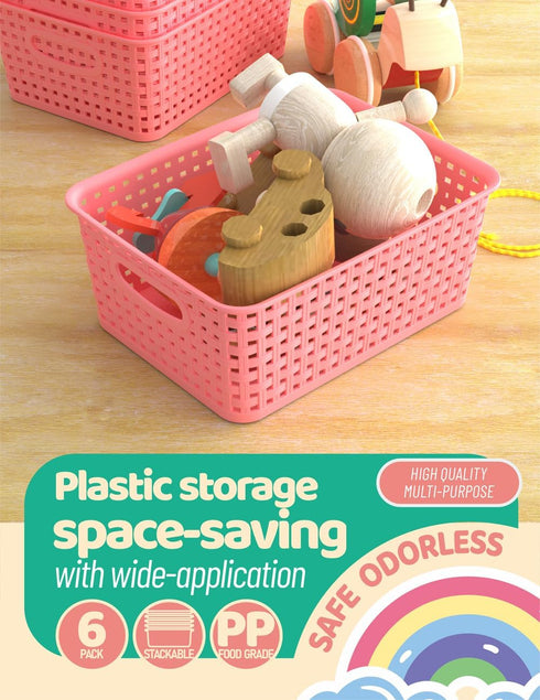 WYT 6-Pack Plastic Small Shelf Storage Weave Baskets, Organizing for Cabinets and Pantries, Pink