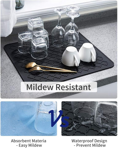 AMOAMI Dish Drying Mat - Silicone Drying Pad - Heat Resistant Kitchen Gadget - Black (12" x 16")