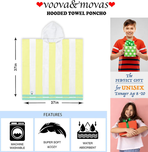 8-16Years VOOVA & MOVAS Big Kids Hooded Towel Poncho | Large, Soft, Absorbent Cotton Towel Robe | | Versatile for Pool