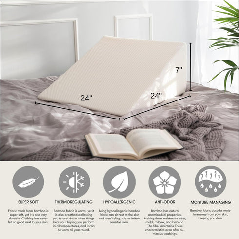 Bamboo Viscose Wedge Pillow Case Cover, 24x24x7.5, Moisture-Wicking, Cooling, Breathable with Zipper