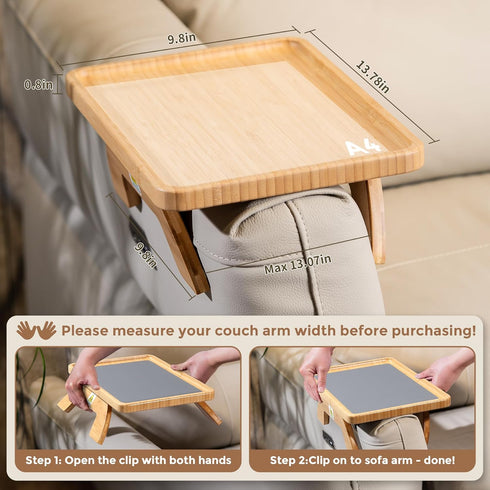 3.5"-13.5" Couch Armrest Table, Foldable Bamboo Sofa Arm Tray for Couch with a Non-Slip Pad, Clip On Couch Arm Table