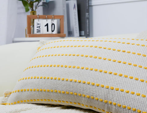 16 26,Clasic Decorative Farmhouse Fringed Long Lumbar Throw Pillow Cover x Striped Textured Cotton Boho Decor Long