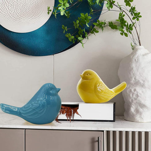 yhcdsea 2pcs-Set Yellow/Blue Decorative Bird Figurine, Glazed Ceramic Chubby Bird Figure for Indoor Outdoor Decor