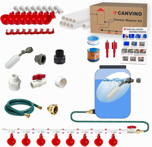 Automatic Chicken Waterer System (45 Accessories Included), Complete PVC Pipelines Set with