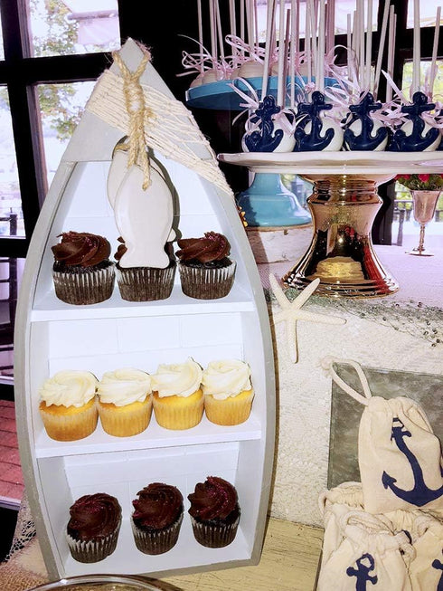 Attraction Design 16.5" Wooden Boat Shelf, H Standing Boat Display with Fish Net Starfish Seashell Accents White Beach