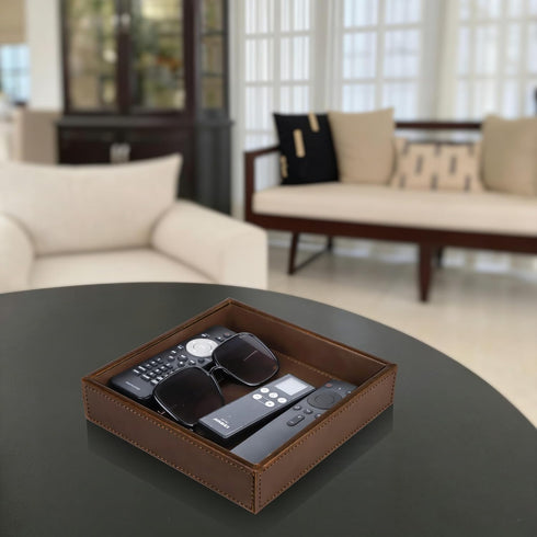 8 8 1.8 inches HofferRuffer Faux Leather Vanity Tray, Elegant Desktop Storage Organizer, Decorative Catchall