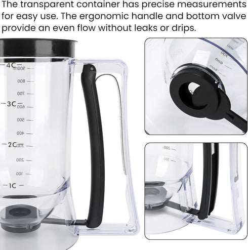Fungyand Pancake Batter Dispenser - 4 Cups Complete Batter Dispenser Set with Muffin Rings, Spatula - Ideal Baking Tools for Pancakes, Cupcakes, Waffles, and Muffins, Squeeze Handle for Easy Use by FUNGYAND