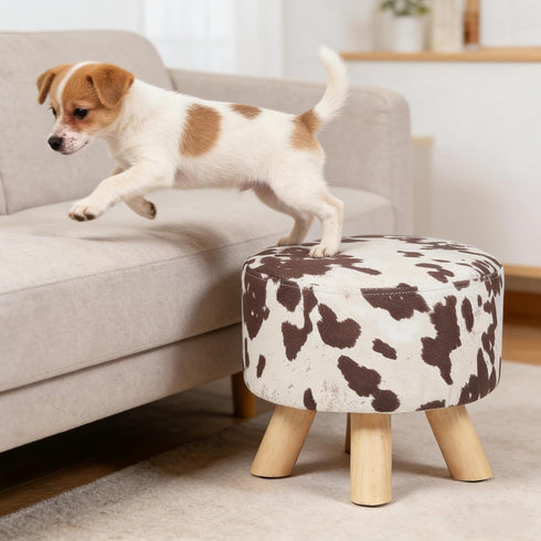 Asense Small Round Ottoman Foot Rest Stool Linen Padded Seat Footstool Ottoman with Anti-Slip Wooden Legs (Cow